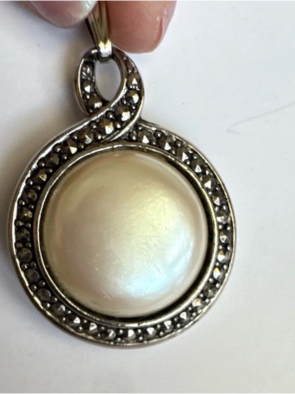 Vintage Avon Reversible Mother of Pearl Marcasite Silver Tone Pendant